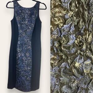 THEIA DRESS 4 METALLIC JACQUARD FLORAL BLUE GOLD COCKTAIL SHEATH SLEEVELESS